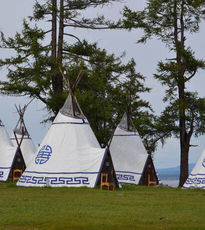 Tsaatan style tourist camp at Khuvsgul Lake.